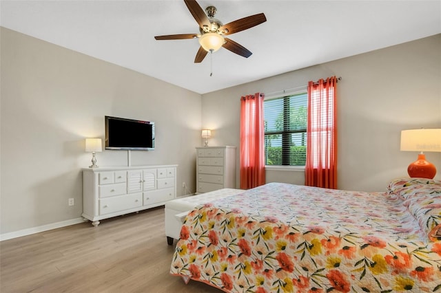 bedroom with light hardwood / wood-style floors and ceiling fan