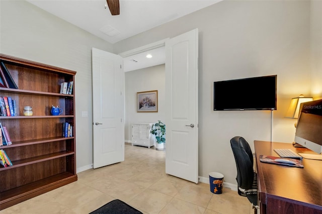 home office with ceiling fan and light tile patterned flooring