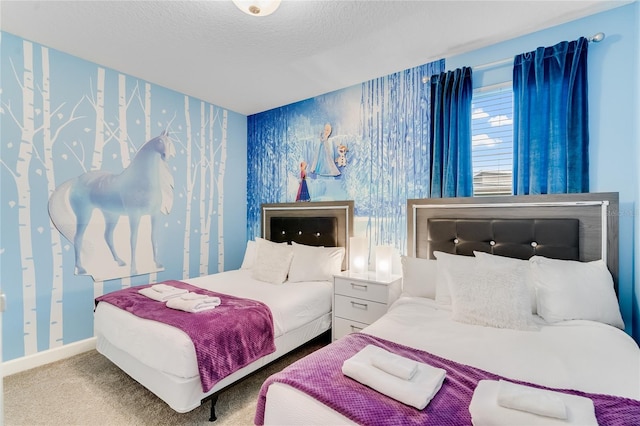 bedroom featuring a textured ceiling and carpet