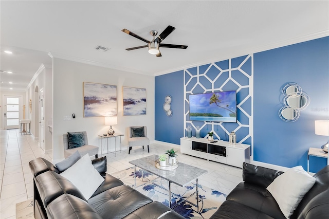 living room with crown molding and ceiling fan