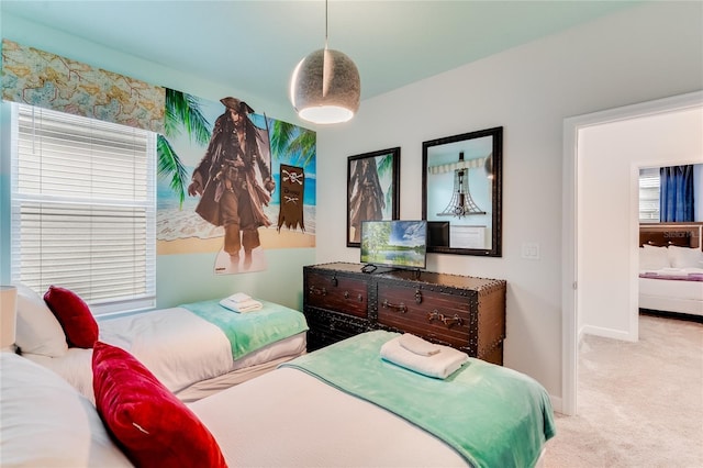 bedroom with light colored carpet