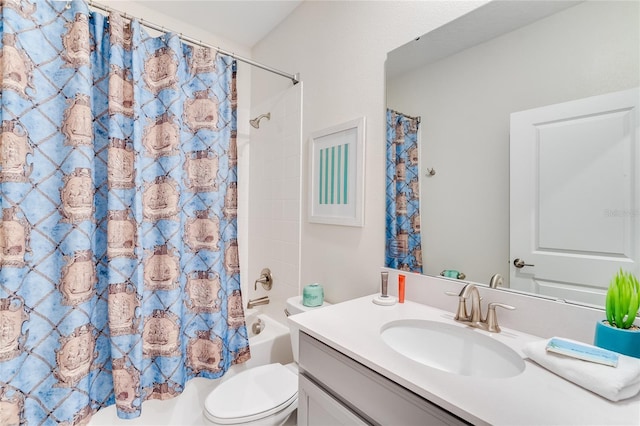 full bathroom with toilet, vanity, and shower / bathtub combination with curtain