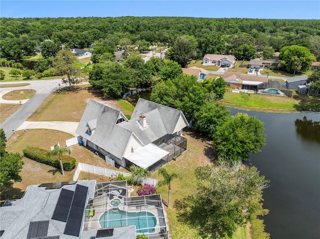 drone / aerial view featuring a water view