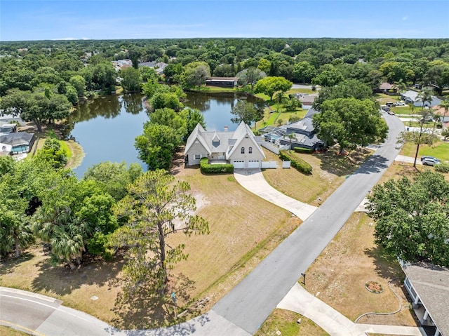 drone / aerial view with a water view