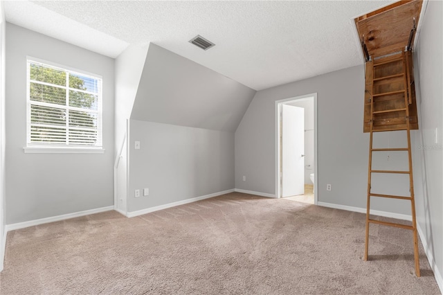 additional living space with vaulted ceiling, light carpet, and a textured ceiling