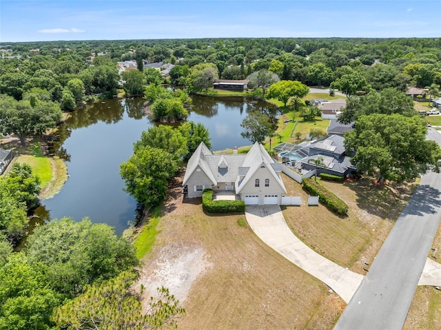 birds eye view of property featuring a water view