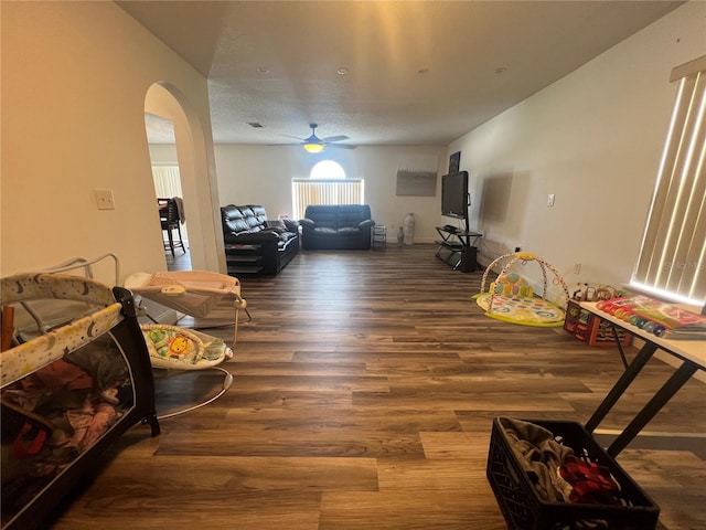 living room featuring ceiling fan and hardwood / wood-style floors