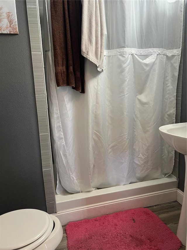 bathroom featuring wood-type flooring and toilet