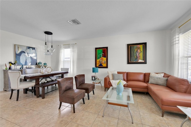 living room with light tile floors