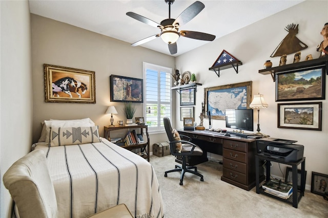 bedroom with light colored carpet and ceiling fan