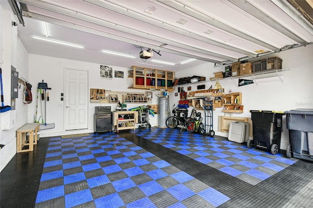 garage with a garage door opener and water heater