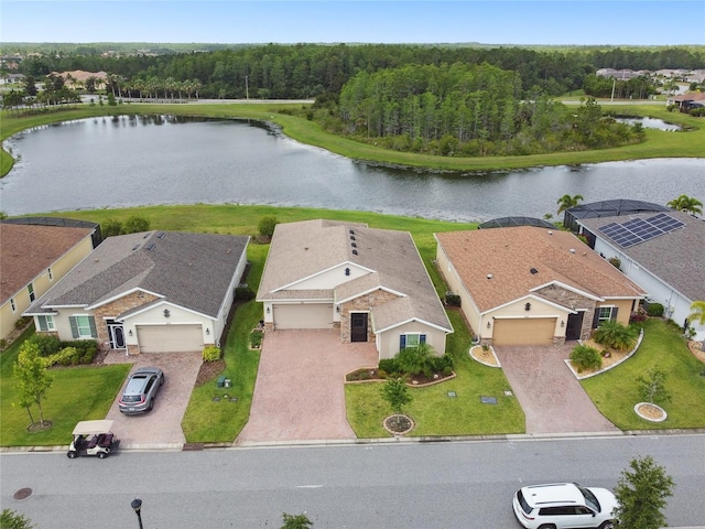 drone / aerial view with a water view