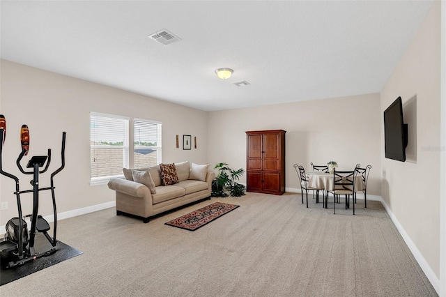 living room with light colored carpet