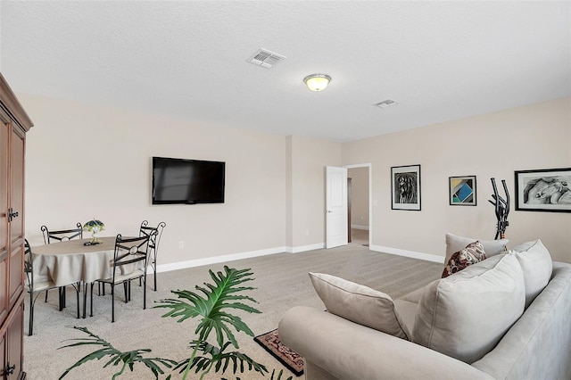 living room featuring a textured ceiling and light colored carpet