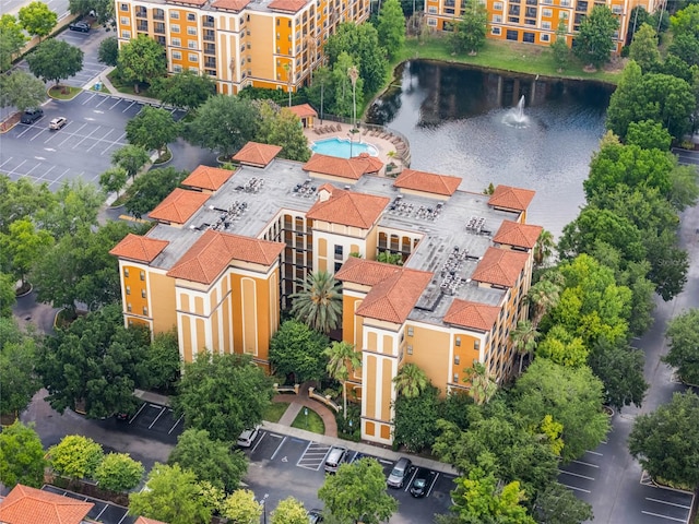 bird's eye view with a water view