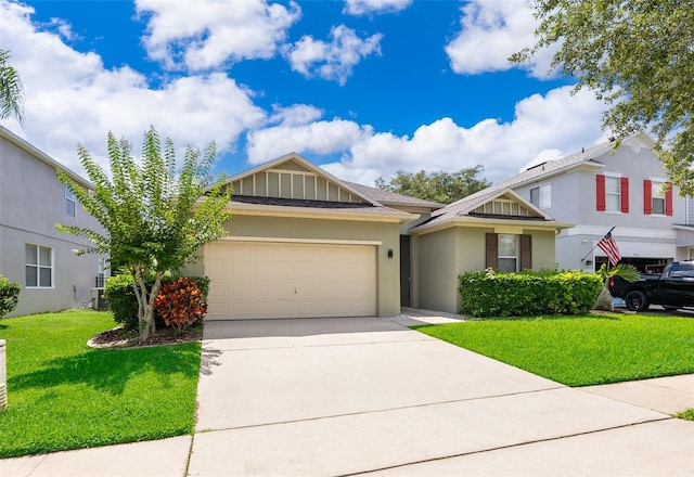 view of front of property featuring a garage, a front yard, and central air condition unit