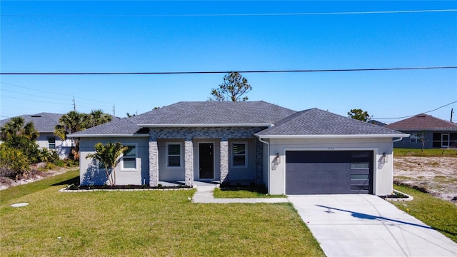 view of front of property with a shingled roof, concrete driveway, a front yard, stucco siding, and an attached garage