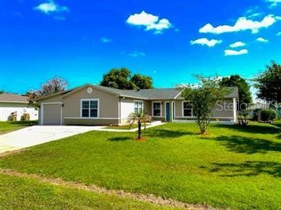 ranch-style house with a garage and a front yard