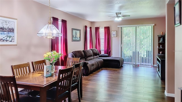 dining area with ceiling fan and wood-type flooring