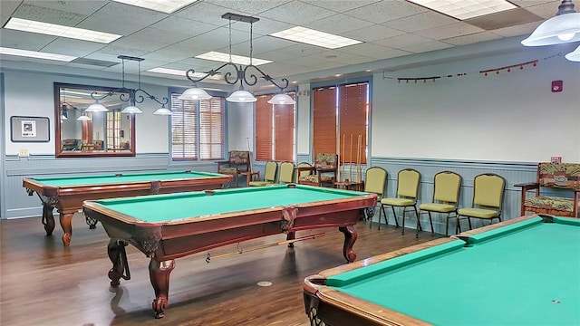 playroom with a drop ceiling, dark hardwood / wood-style floors, and pool table