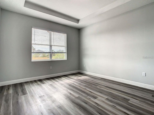 empty room with a tray ceiling and dark hardwood / wood-style flooring