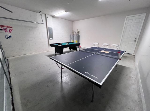 playroom featuring electric panel, water heater, and billiards