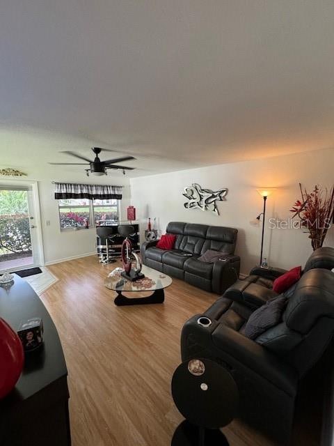 living room featuring ceiling fan and hardwood / wood-style flooring