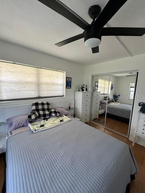 bedroom with a textured ceiling, a closet, ceiling fan, and dark hardwood / wood-style flooring