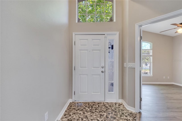 entrance foyer featuring ceiling fan and light hardwood / wood-style flooring