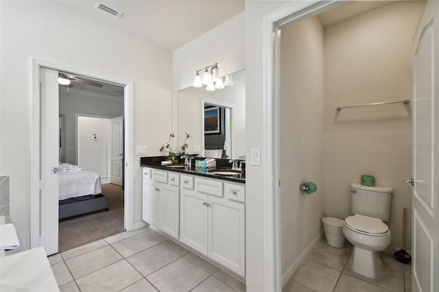 bathroom with ceiling fan, tile patterned flooring, vanity, and toilet