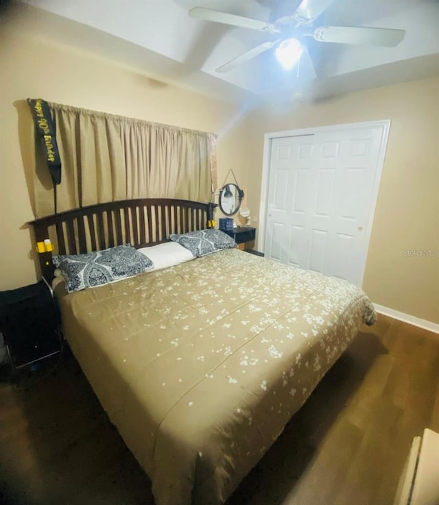 bedroom featuring ceiling fan, a closet, and hardwood / wood-style floors