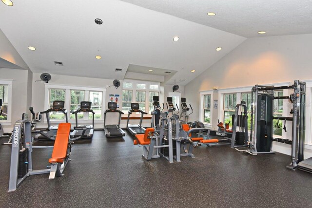 gym with high vaulted ceiling, a textured ceiling, and a wealth of natural light