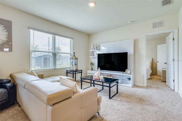 carpeted living room featuring a textured ceiling