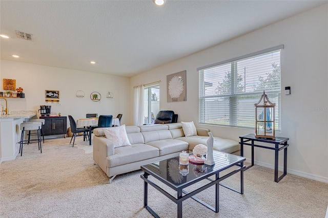 carpeted living room with a textured ceiling