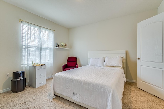 bedroom with light carpet