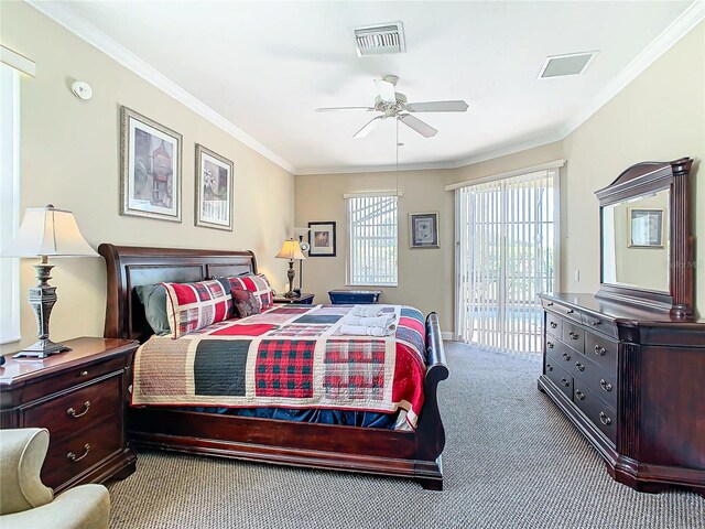 carpeted bedroom featuring access to outside, crown molding, and ceiling fan