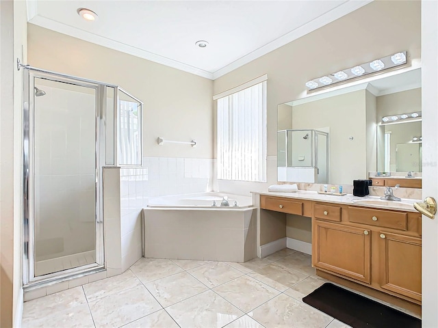 bathroom with crown molding, tile patterned flooring, vanity, and shower with separate bathtub