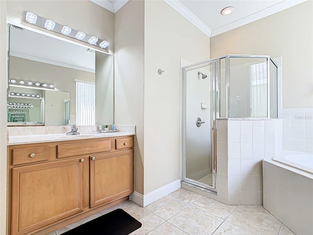 bathroom with ornamental molding, tile patterned floors, vanity, and shower with separate bathtub