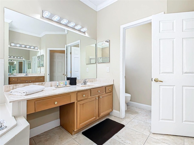 bathroom featuring ornamental molding, tile patterned floors, vanity, and toilet