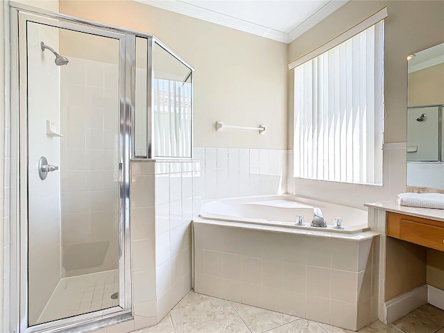 bathroom with plus walk in shower, ornamental molding, tile patterned floors, and vanity