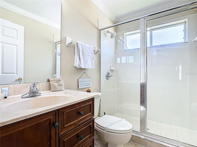 bathroom featuring tile patterned floors, toilet, walk in shower, and vanity