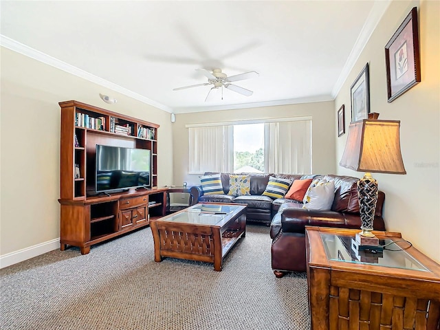 carpeted living room with ceiling fan and ornamental molding