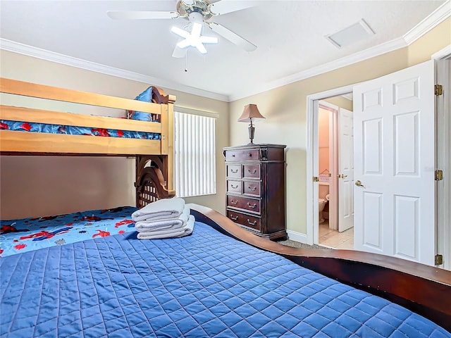 tiled bedroom with crown molding, connected bathroom, and ceiling fan