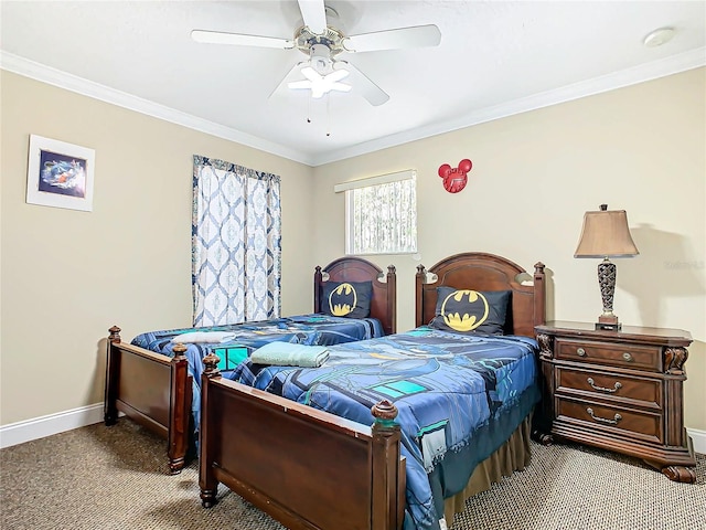 carpeted bedroom with ceiling fan and ornamental molding