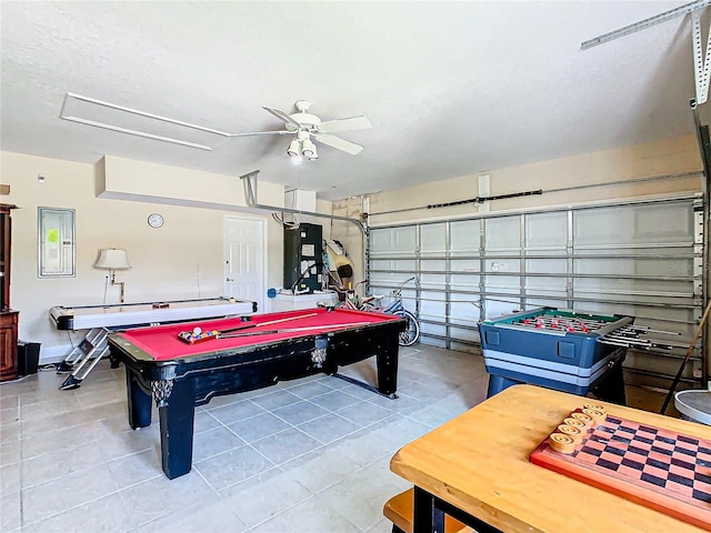 game room with ceiling fan, billiards, and light tile patterned floors