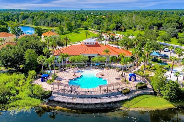 birds eye view of property featuring a water view