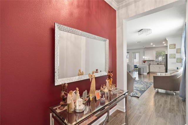 hallway with crown molding and wood-type flooring