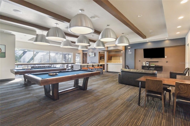 recreation room with beam ceiling, billiards, and dark colored carpet