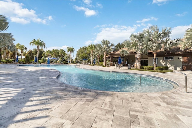 view of pool with a patio and pool water feature