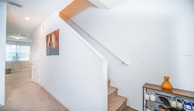 staircase featuring carpet flooring